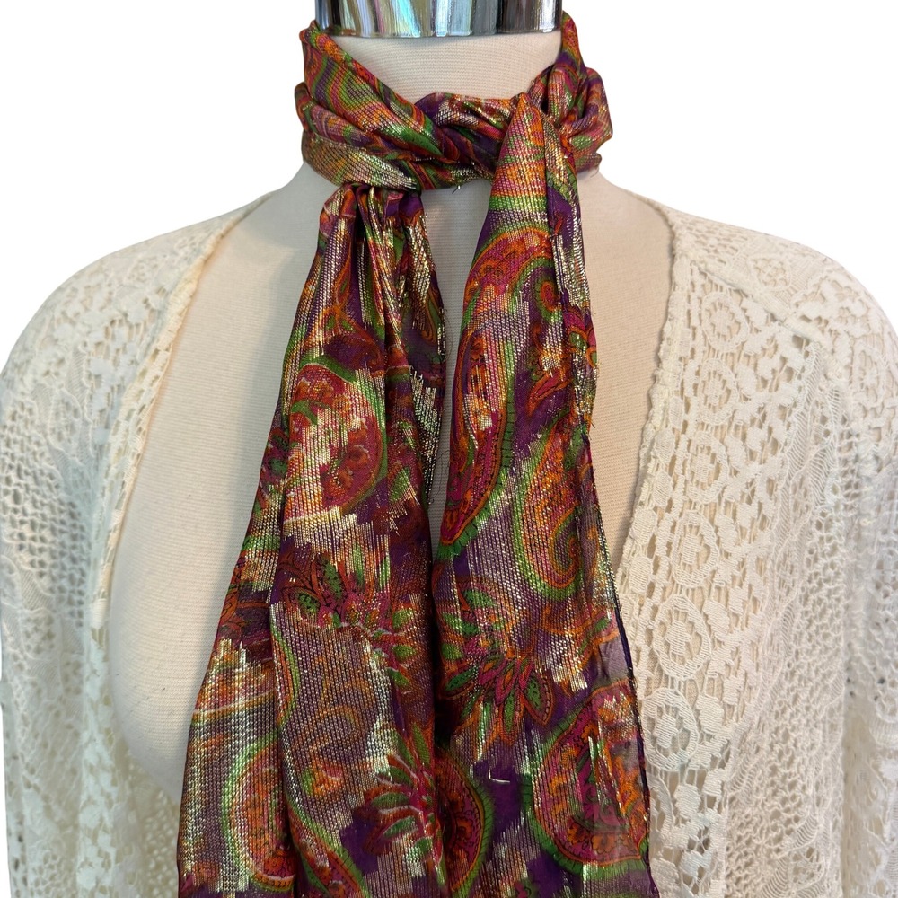 VTG Baar & Beards Paisley Metallic Gold Scarf Purple rectangle Lurex India